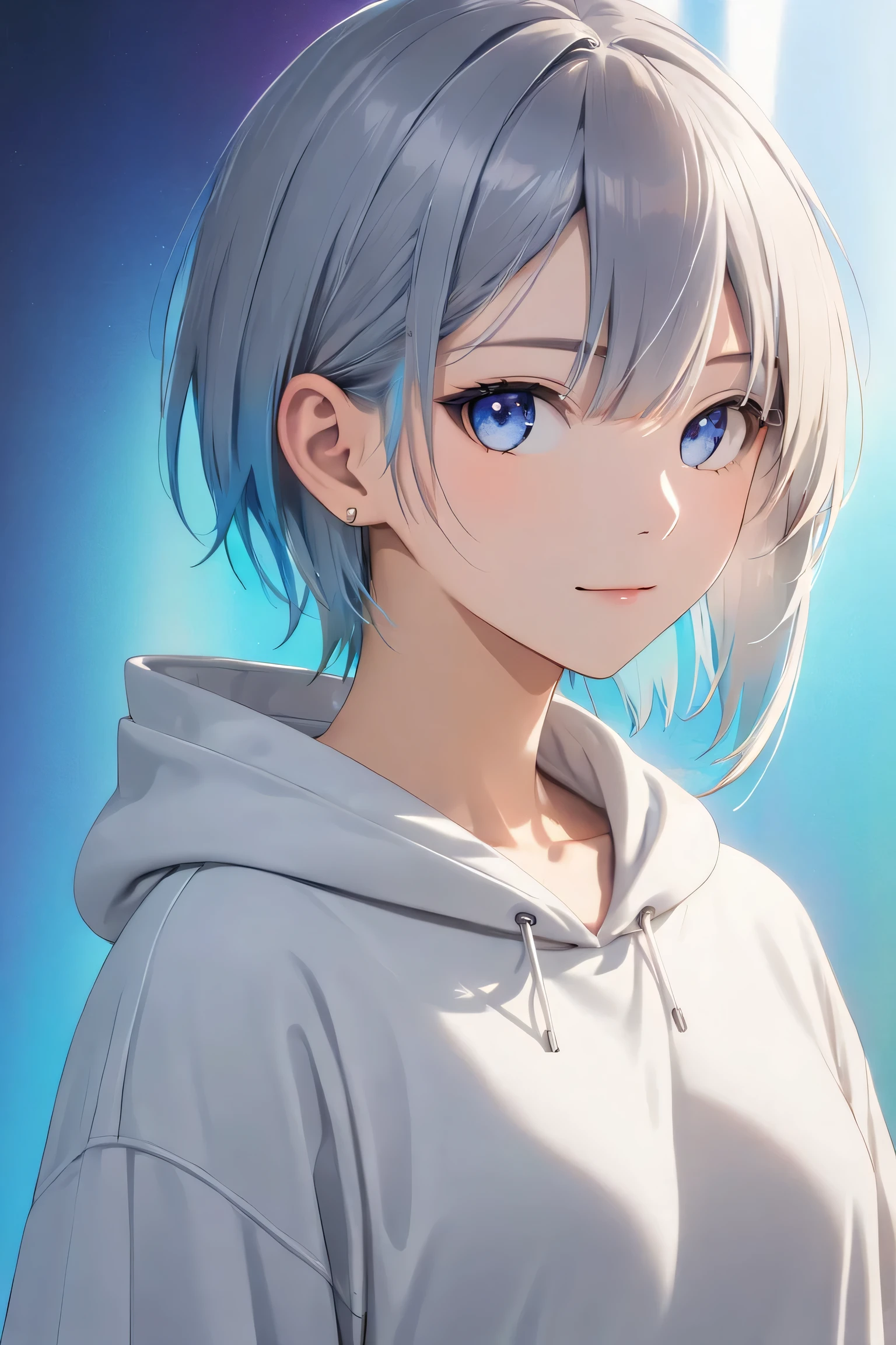 short, tousled light gray hair with a faint bluish tint, sleek and casual hairstyle with soft layers, (boyish and androgynous charm:1.9), calm and introspective young woman, short textured bangs, layered long nape, modern minimalistic style, (oversized hoodie or casual t-shirt:1.3), (relaxed-fit pants:1.3), ethereal and mysterious atmosphere, serene and gentle smile, cinematic lighting, crisp details, vibrant colors, beautiful detailed face and eyes, natural posing, looking at the camera, relaxed expression, all body, low angle, vibrant tones, clear center part (center part:1.2), small eyes (subtle:0.2), parted bangs (balanced:1.2), low hair volume (natural:1.3), side undercut (minimal:1.2), compact and neat hair around the left side near the ear and nape, long nape (enhanced:1.2), Well-Defined Facial Features, (Pink Lips:0.6), Fine Details and Realistic Textures, Perfectly Proportioned Face,  medium breasts, beautiful body, slim figure, Beautiful breasts, BREAK, beauty legs, Long, slender legs, Flat shading, vivid colors, sharp line art, clean outlines, cell shading, minimal texture, anime background, simple and elegant composition, cinematic yet anime-inspired lighting, vibrant tones, and a clear, (2D anime style:1.3). (Perfect Anatomy:1.3), front view