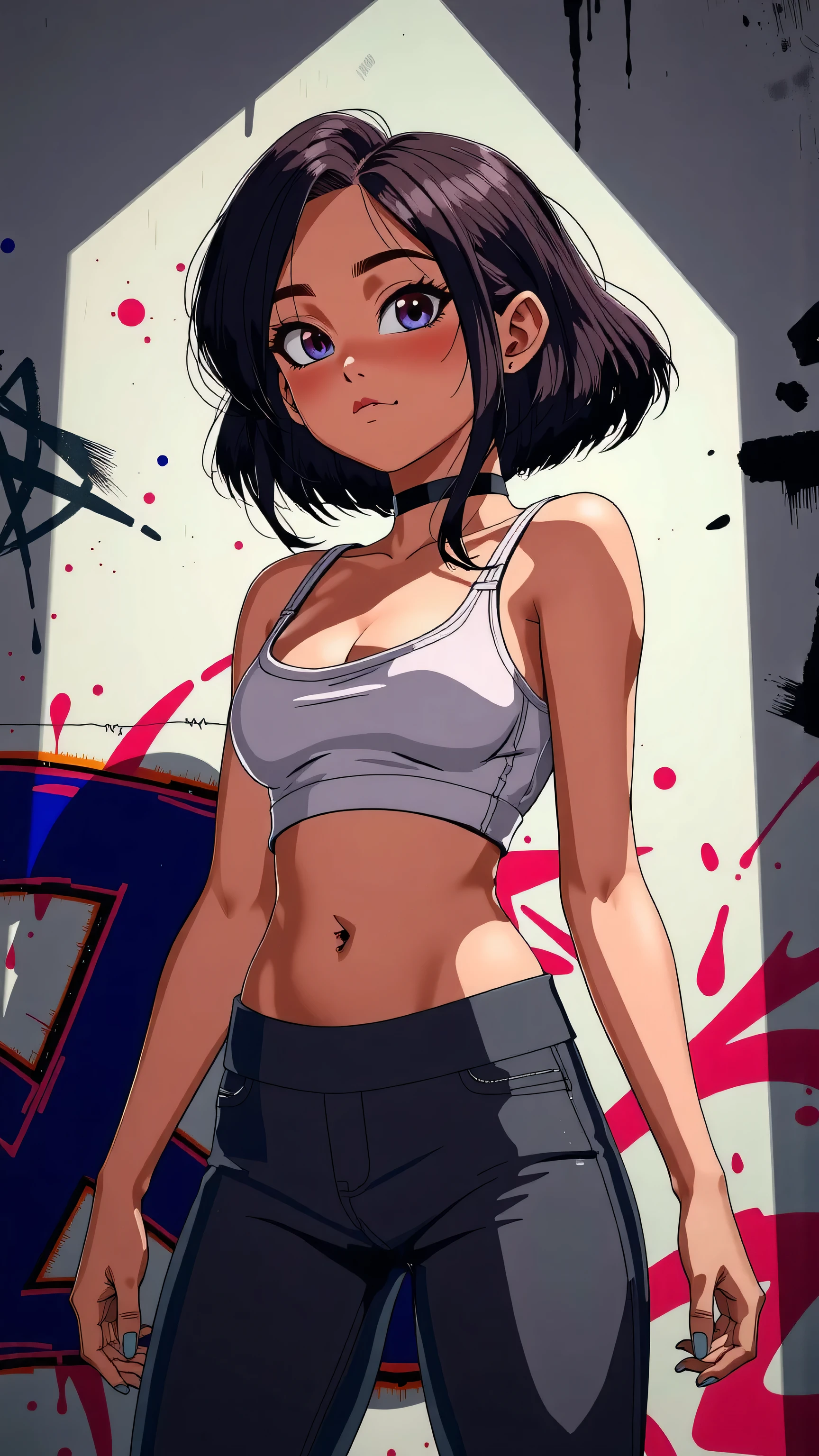 (masterpiece, best quality:1.4), official art, absurdres, vivid colors, girl, teen, beautiful eyes, tight crop top, tight pants, choker, (splash ink, graffiti on wall:1.2), navel, slender, standing, from below, cowboy shot, small waist, thick thighs, (arch back, perky butt:0.6), sharp focus, dynamic lighting, cinematic lighting, dramatic shadow, highres, ultra detailed, finely detail, extremely detailed, detailed eyes and face, sharp pupils, realistic pupils, simple background, big breasts, cleavage, 