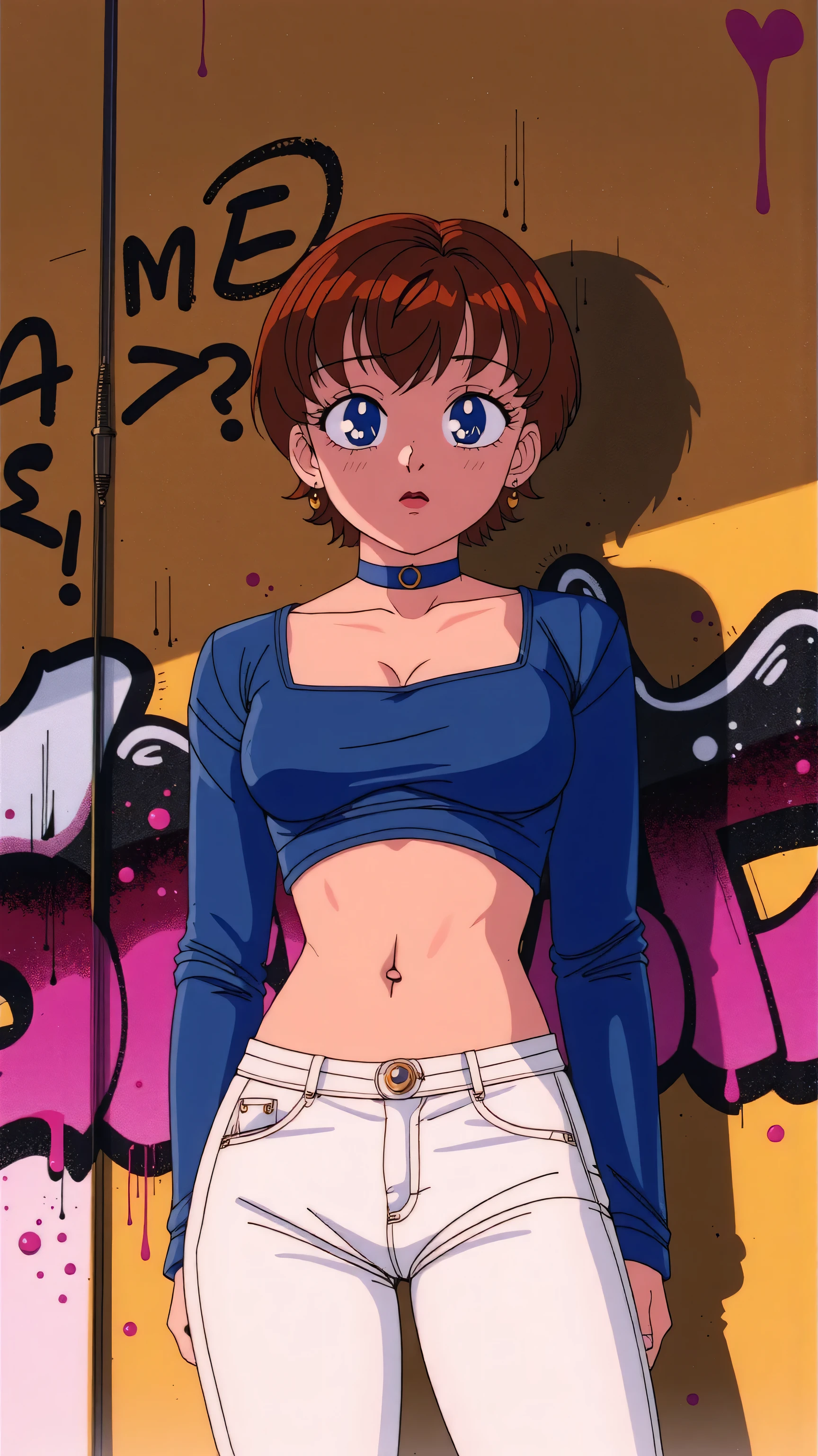 (masterpiece, best quality:1.4), official art, absurdres, vivid colors, girl, teen, beautiful eyes, tight crop top, tight pants, choker, (splash ink, graffiti on wall:1.2), navel, slender, standing, from below, cowboy shot, small waist, thick thighs, (arch back, perky butt:0.6), sharp focus, dynamic lighting, cinematic lighting, dramatic shadow, highres, ultra detailed, finely detail, extremely detailed, detailed eyes and face, sharp pupils, realistic pupils, simple background, big breasts, cleavage, 