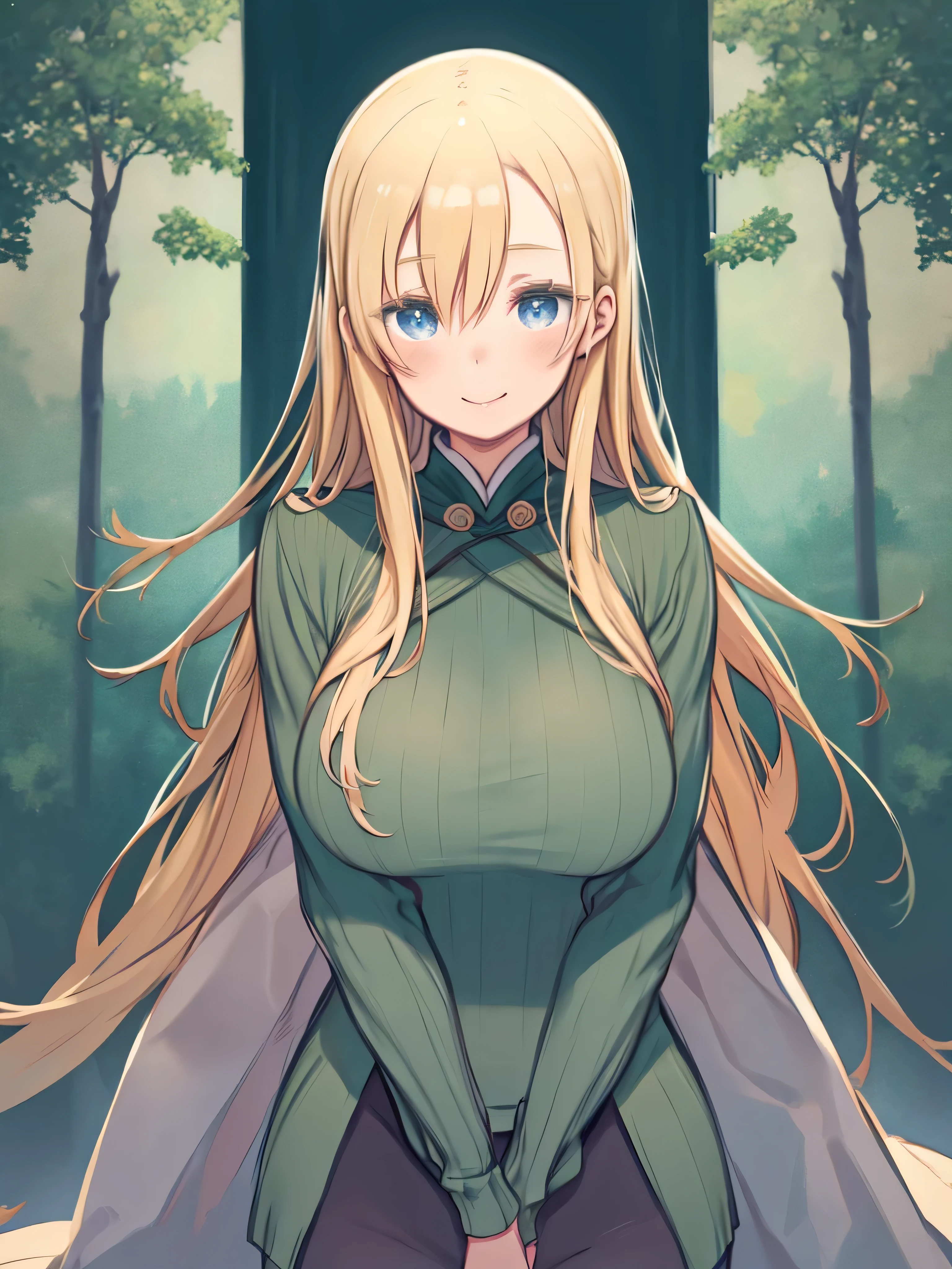 Blond haired woman with huge breasts stands shyly in front of a big tree、 blue eyes、 upper body、Place your hands on your head、Thigh Gap、blush、smile、Large Tree、field、lake、turtleneck rip sweater 、Cape、((Green Sweater))、((白いCape))、((DARK GREEN PENCIL SKIRT ))、