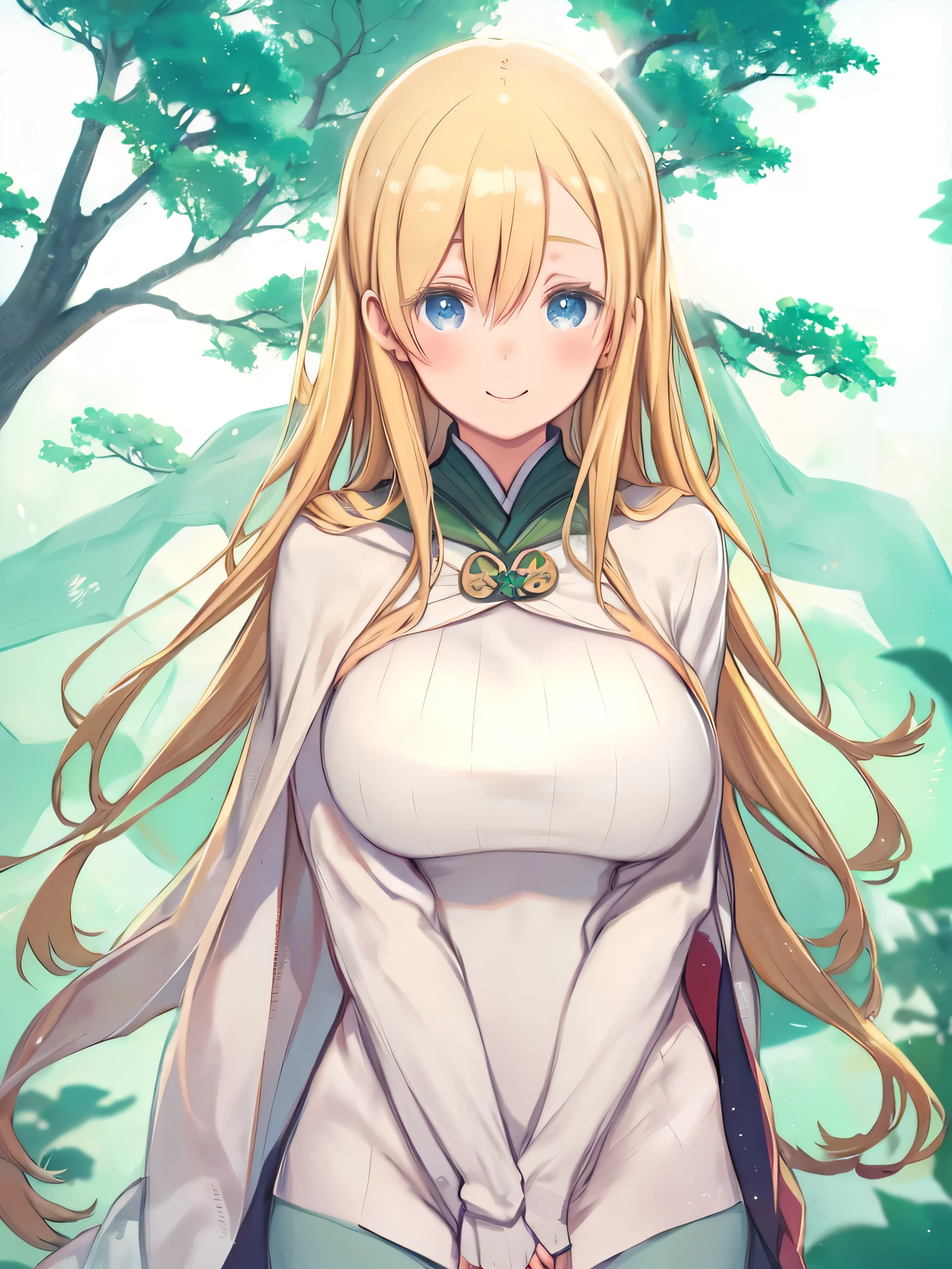 blond haired woman with huge breasts standing shyly in front of a big tree、 blue eyes、 upper body、Place your hands on your head、Thigh Gap、blush、smile、Large Tree、field、lake、turtleneck rip sweater 、Cape、((Green Sweater、白いCape))