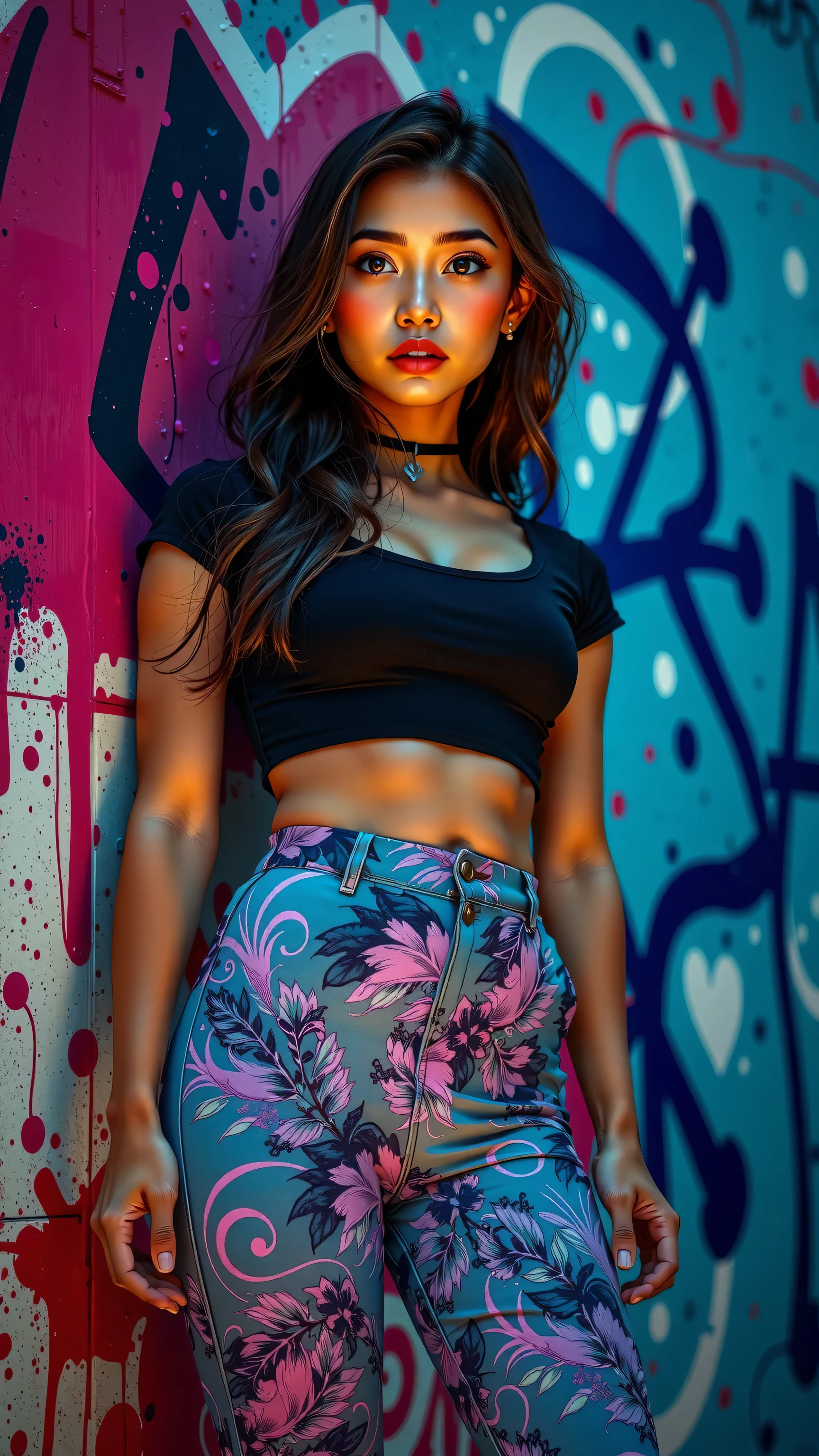(8k, artistic photography, melhor qualidade, obra de arte: 1.2) fechar-se, colorful painting of a standing cyberpunk girl, oculos de sol, sapatos de salto alto, ((Latex Kimono-crop top)), figura de ampulheta perfeita,low angle view, (((arte do grafite) (por Carne Griffiths))), fundo cinzento escuro da parede, detalhes insanos, detalhes intrincados, hiperdetalhado, soft cinematic light, cores escuras, Exposure Mix, HDR, frente, aquarela, trends on Artstation, sharp focus, studio photo, detalhes intrincados, Altamente detalhado