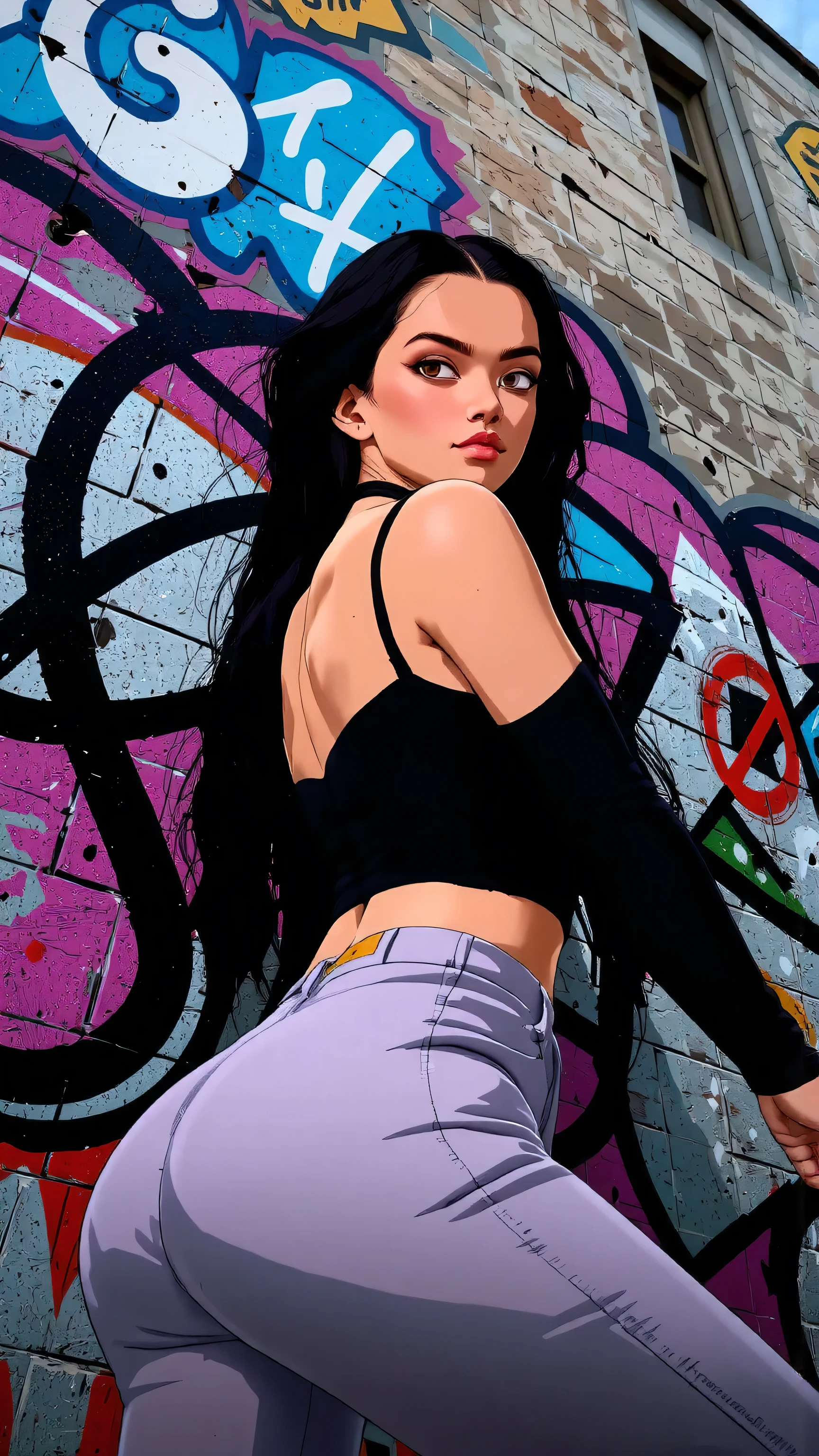 (masterpiece, best quality:1.4), official art, absurdres, vivid colors, girl, teen, beautiful eyes, tight crop top, tight pants, choker, (splash ink, graffiti on wall:1.2), navel, slender, standing, from below, cowboy shot, small waist, thick thighs, (arch back, perky butt:0.6), sharp focus, dynamic lighting, cinematic lighting, dramatic shadow, highres, ultra detailed, finely detail, extremely detailed, detailed eyes and face, sharp pupils, realistic pupils, simple background, big breasts, cleavage, 