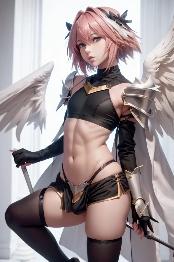 astolfo, only astolfo, femboy, a sexy femboy angel and warrior with a sword and wings and a maskerade that covers her face partially, much of her body is exposed in a light and elegant armor, Beautiful, Beautiful and slim perfect body, Beautiful body, slim body, flat chest, not breasts, very sexy, bright pink hair, really spiky hair, messy hair, short hair, a long braid, lock of white hair on left side, perfect, solo, gorgeous femenine person, small bulge, thong bulge, low leg pantys, photo pose, mini thong, very high ponytail, very high long braid, sexy pose, not penis, not nipples, picture of all body,