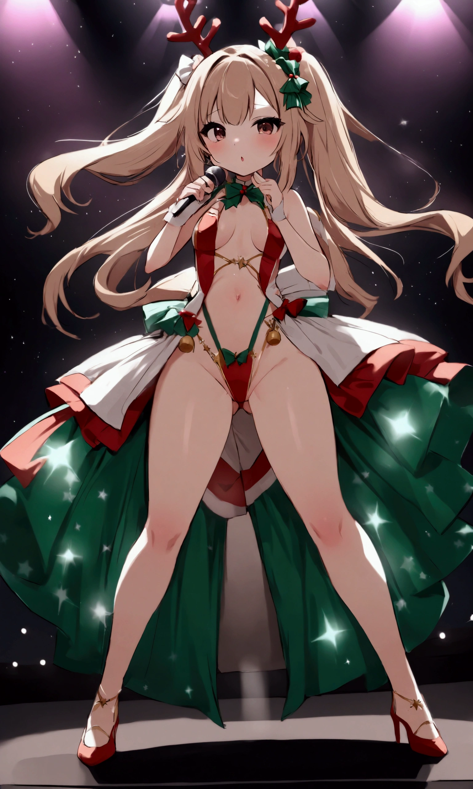 A cute woman (role of a KPop idol, age 20, sexy revealing Christmas outfit, singing in a mic, lots of open legs thrusting hips dance moves, glitter in hair), Christmas projections on stage