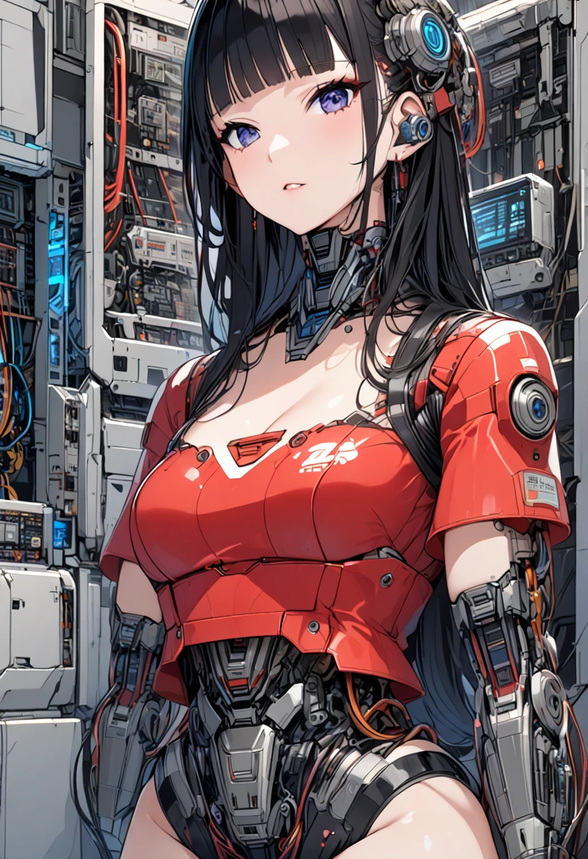 masterpiece, best quality, extremely detailed,front view,japaese android girl,control panels,android,Droid,squat,Mechanical Hand,Robot arms and legs,peplum tops,blouse,Blunt bangs,long tube,thick cable connected her neck,broken arm