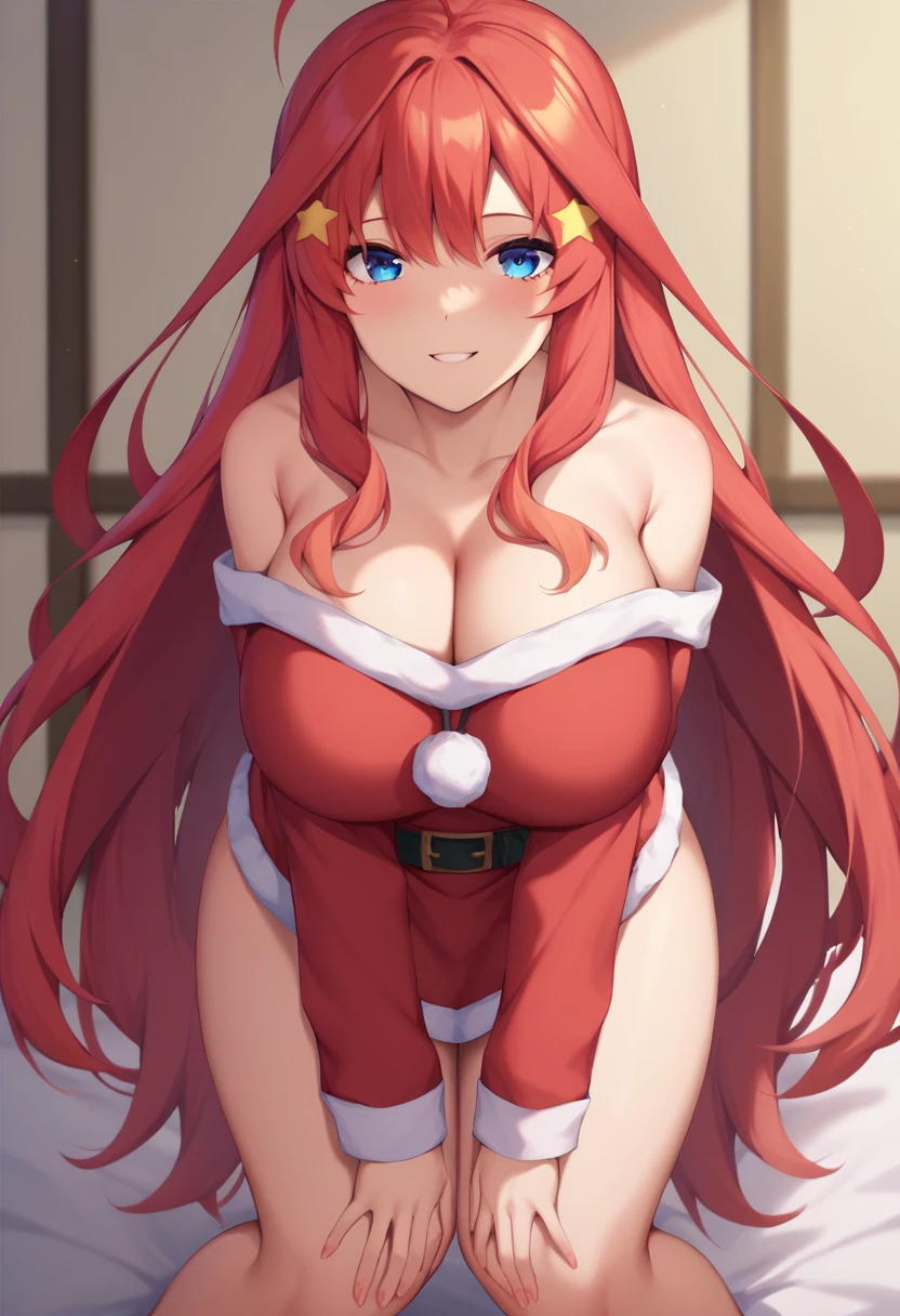 itsuki nakano, bangs, blue eyes, hair between eyes, ahoge, red hair, star \(symbol\), hair ornament, star hair ornament,face forward、 huge breasts、valley、Crouching、(Put your hands on your knees)、 Santa Claus cosplay、Exposed chest、Shoulders exposed、 bedroom