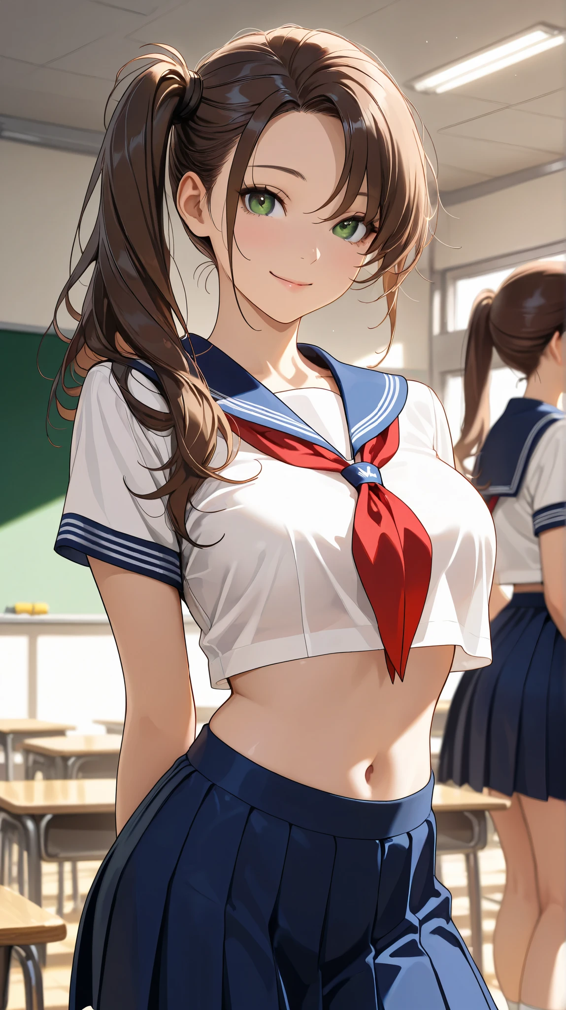 masterpiece, best quality, very aesthetic, realistic detailed anime, Sharp Focus, 1lady, JK, detailed face, detailed green eyes, smile, semi-long hair, dark brown silky hair, hair styled in a center-parted slicked-back look, side ponytail, contrapposto, hands behind back, navel, Captivating thighs, knee, classroom, (sheer crop top white shirt), sailor suit, pleated skirt, red ribbon tie