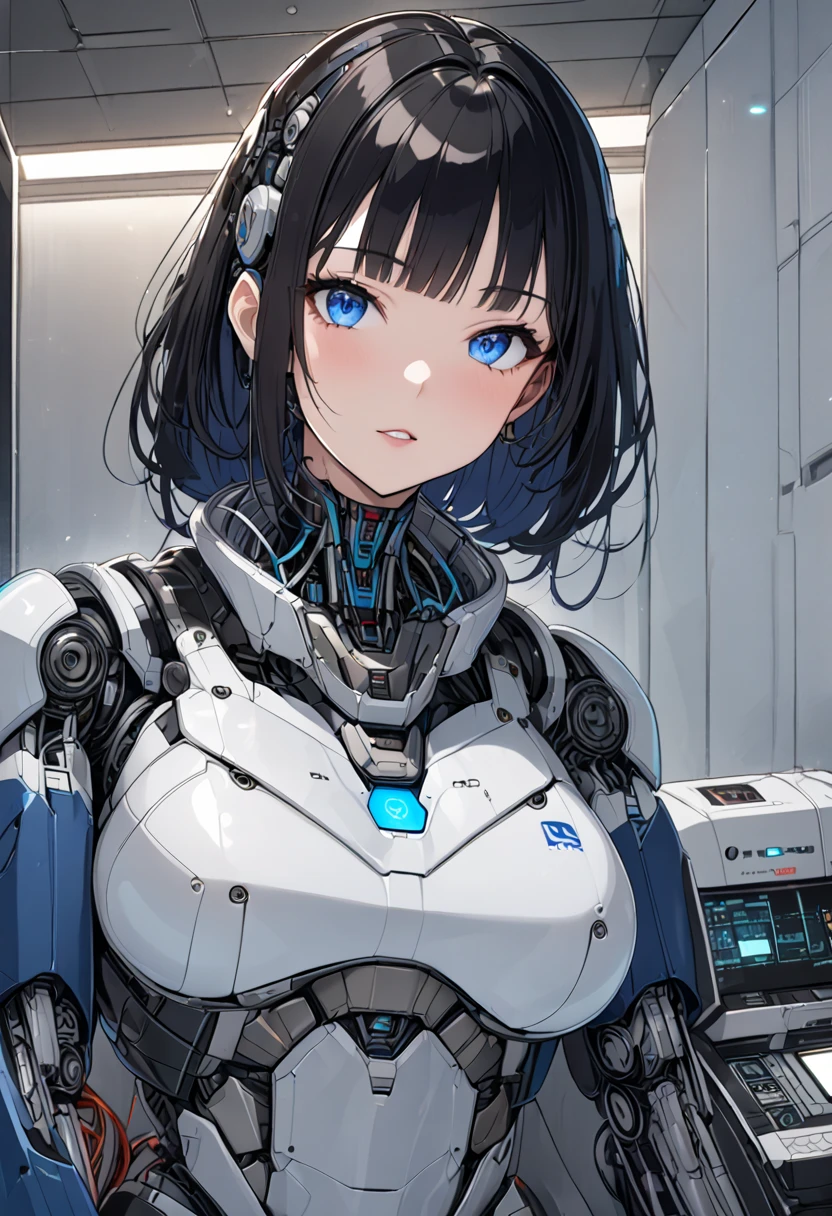 masterpiece, best quality, extremely detailed,  Japaese android girl,Plump , control panels,android,Droid,Mechanical Hand, Robot arms and legs, Black Robot Parts,Black hair,Mechanical body,Blunt bangs,White robotics parts,perfect robot girl,future information counter,reception,long tube,thick cable connected her neck,ceramic body ,mechanical body,mechanical costume,android,robot,humanoid,cyborg,information office,japanese android receptionist ,mechanical chest,blue eyes,office-lady,broken head