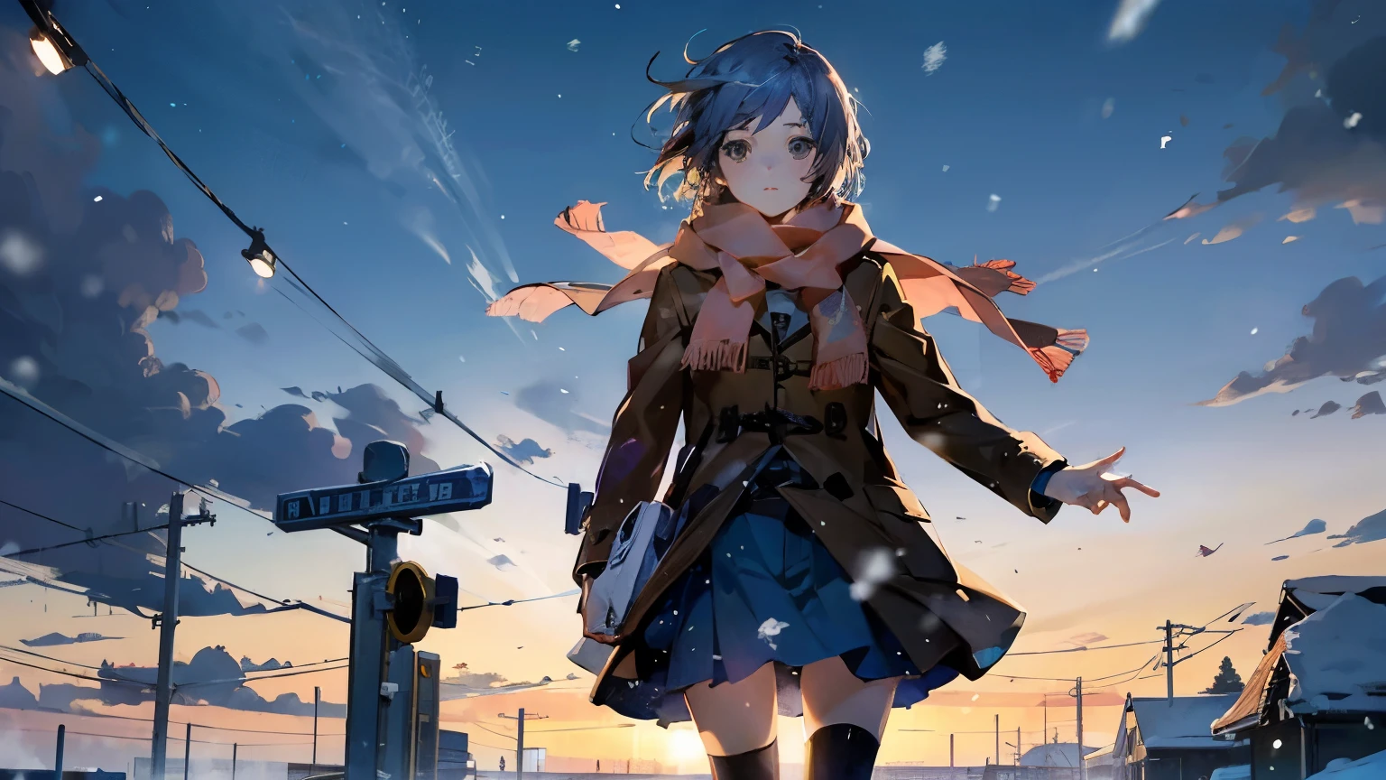 (  masterpiece on penis ),(  top quality), Yuki, khaki coat ,   scarf,   knee-high,  black tights 、Empty Eyes, Expressionless face, , snow, snowing, wind、windになびくコート、 遠くにsnow景色の美しい街が見える