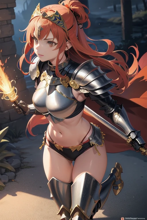 (masterpiece, best quality, cinematic, photorealistic, ultra-detailed), (1girl, female knight), (wide shot, from the front:1.4), (wearing golden armor with an accent of red, wearing red cafe, wearing red gloves and boots:1.5), (wearing red top and bottom bikini:1.4), (sleek red hair, with bangs:1.2), perfect hands, perfect face, (large cleavage), (seductive pose:1.2), (green eyes, soft and shimmery eyeshadows, detailed pupils, defined eyelashes), (blushing, slightly parted lips, cherry lips:1.2), (standing on a deserted area holding a broad sword:1.4)