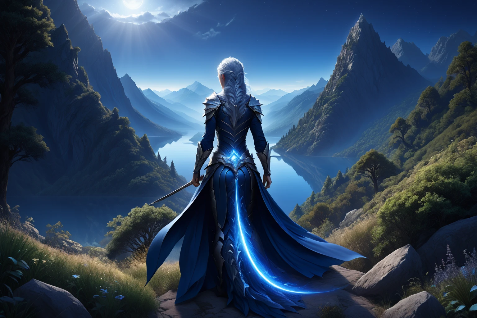 ( (1Тiefling ,  dark blue-gray skin ),   dynamic pose  ,  girl  ,   ulybka, chainmail, light grey-black armor ,   Thick blue tail protection,    closed mouth  ,  long, Thick dragon tail ,   blue-gray horns  , light particles, Rays of light,    long hair ,  One,   grey hair, long bangs,  (  top quality ,  masterpiece ,   highest detail  ) ,  dynamic pose ,   outdoor , path,  Grows , stone, water, mountain lake,   sprawling tree  , illustration, landscape, sky, clouds. ( stands full-length with its back half a turn, wrapped over his shoulder). blue tones, Dark tones.
(  ultra-detailed body  ),  ( on a beautiful background:1.3), (  Complex details  ), (  dynamic angle  )) (( masterpiece ,  hyperrealistic ,32K,чрезвычайно подробная CG unity 8k,  top quality , Canon50,  photorealistic , concept art,  Complex details ,  Main detail, Octane render, Unreal Engine,  fantastic art )) на фоне landscape,  sprawling cedar  (medieval луг in background:1.2),  snowy peaks ,  dark stones in the distance , Sally Mann, HDR, ( masterpiece :1.3), mountain lake около леса,  analog, , ( masterpiece :1.2), хмурое предгрозовое sky,  Vincent Calebo , (low key), ArtStation, The film is grainy,   representative  , depth of field, (Antonio Moro), color,  soft lighting,  light falls on the ground , Rays of light падают на озеро,  reflections in the water ,   side view:1,  Greg Rutkowski, ( Majestic mountain ),  ((Dawn)), cliff. 