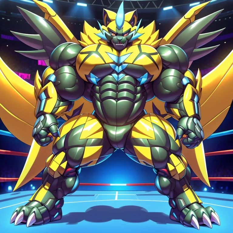 (ZERAORA, 8K), (Zeraora's giant robot, Powered exoskeleton with the same design as Zeraora), (Masterpiece, highres) (Detailed head, Detailed Body, Detailed abs, full body) (gigantic muscles, Gigachad Muscular, big muscle, pecs, triceps, traps, unusually developed muscular body, body full of huge muscles. showing off muscles, pectorales enormes, Exaggeratedly huge muscles.) (nj5furry, The claws are sharp, Sharp teeth, sharp claws), (long legs), (Spread wings, It has wings, have big wings, golden wings), (Wrestling, wrestler, the bodybuilding), (It has wings, whole body shines like metal, Wearing cyberpunk mecha, emphasizes the muscles, suit fully made of metal, intricate armor, Robotic suit, suit fully made of metal, cyborg),  menacing pose, 