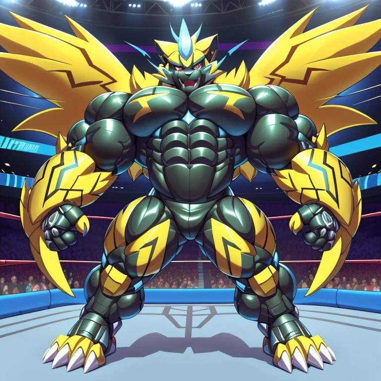 (ZERAORA, 8K), (Zeraora's giant robot, Powered exoskeleton with the same design as Zeraora), (Masterpiece, highres) (Detailed head, Detailed Body, Detailed abs, full body) (gigantic muscles, Gigachad Muscular, big muscle, pecs, triceps, traps, unusually developed muscular body, body full of huge muscles. showing off muscles, pectorales enormes, Exaggeratedly huge muscles.) (nj5furry, The claws are sharp, Sharp teeth, sharp claws), (long legs), (Spread wings, It has wings, have big wings, golden wings), (Wrestling, wrestler, the bodybuilding), (It has wings, whole body shines like metal, Wearing cyberpunk mecha, emphasizes the muscles, suit fully made of metal, intricate armor, Robotic suit, suit fully made of metal, cyborg),  menacing pose, 