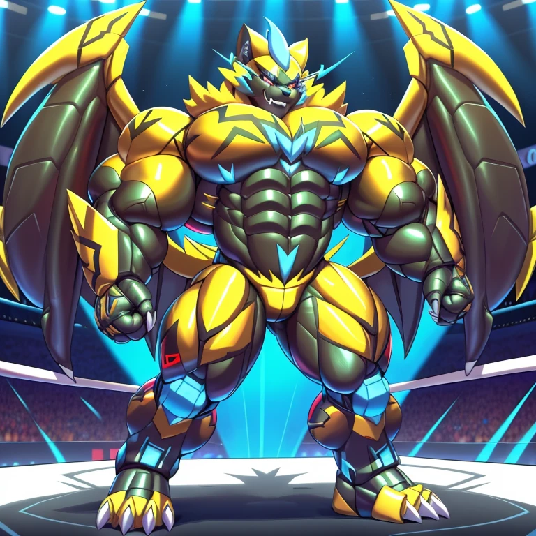 (ZERAORA, 8K), (Zeraora's giant robot, Powered exoskeleton with the same design as Zeraora), (Masterpiece, highres) (Detailed head, Detailed Body, Detailed abs, full body) (gigantic muscles, Gigachad Muscular, big muscle, pecs, triceps, traps, unusually developed muscular body, body full of huge muscles. showing off muscles, pectorales enormes, Exaggeratedly huge muscles.) (nj5furry, The claws are sharp, Sharp teeth, sharp claws), (long legs), (Spread wings, It has wings, have big wings, golden wings), (Wrestling, wrestler, the bodybuilding), (It has wings, whole body shines like metal, Wearing cyberpunk mecha, emphasizes the muscles, suit fully made of metal, intricate armor, Robotic suit, suit fully made of metal, cyborg),  menacing pose, 