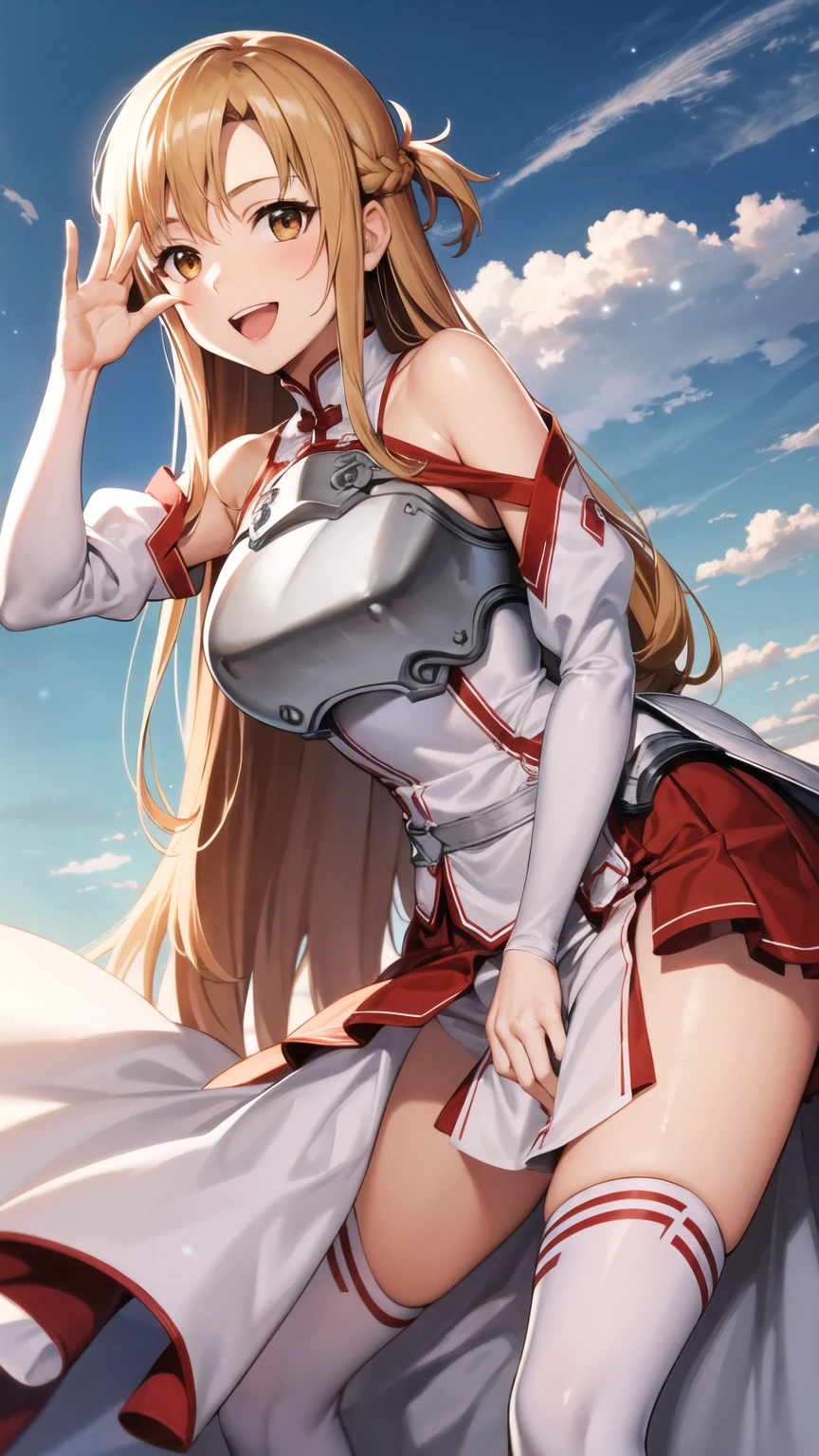 Stationary, Asuna, Asuna_\(star\), One girl, (Sexy pose:1.2), Fantasy, High resolution, original, Realistic, Expressive eyes, (Excite), scenery, close_superior, superiorper_body, (芝生のsuperiorに立つ), smile, alone, Long Hair, , View your viewers, smile, Open your mouth, bangs ,Detailed eyes, Beautiful background, (森のsuperiorで), Place your hand on your chest, Orange Hair, Knee socks, gloves, dress, (Cleavage:1.4), Medium chest, Exposing shoulders, Brown eyes, very Long Hair, (full body:1.5), white gloves, white dress, (Open the chest:1.5), armor, white Knee socks, Garter Straps, Wind, white armor, Couple