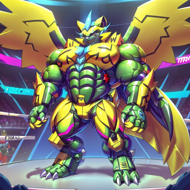 (ZERAORA, 8K), (Zeraora's giant robot, Powered exoskeleton with the same design as Zeraora), (Masterpiece, highres) (Detailed head, Detailed Body, Detailed abs, full body) (gigantic muscles, Gigachad Muscular, big muscle, pecs, triceps, traps, unusually developed muscular body, body full of huge muscles. showing off muscles, pectorales enormes, Exaggeratedly huge muscles.) (nj5furry, The claws are sharp, Sharp teeth, sharp claws), (long legs), (Spread wings, It has wings, have big wings, golden wings), (Wrestling, wrestler, the bodybuilding), (It has wings, whole body shines like metal, Wearing cyberpunk mecha, emphasizes the muscles, suit fully made of metal, intricate armor, Robotic suit, suit fully made of metal, cyborg),  menacing pose, 