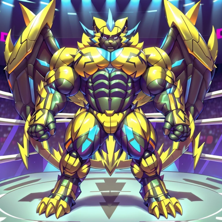 (ZERAORA, 8K), (Zeraora's giant robot, Powered exoskeleton with the same design as Zeraora), (Masterpiece, highres) (Detailed head, Detailed Body, Detailed abs, full body) (gigantic muscles, Gigachad Muscular, big muscle, pecs, triceps, traps, unusually developed muscular body, body full of huge muscles. showing off muscles, pectorales enormes, Exaggeratedly huge muscles.) (nj5furry, The claws are sharp, Sharp teeth, sharp claws), (long legs), (Spread wings, It has wings, have big wings, golden wings), (Wrestling, wrestler, the bodybuilding), (It has wings, whole body shines like metal, Wearing cyberpunk mecha, emphasizes the muscles, suit fully made of metal, intricate armor, Robotic suit, suit fully made of metal, cyborg),  menacing pose, 