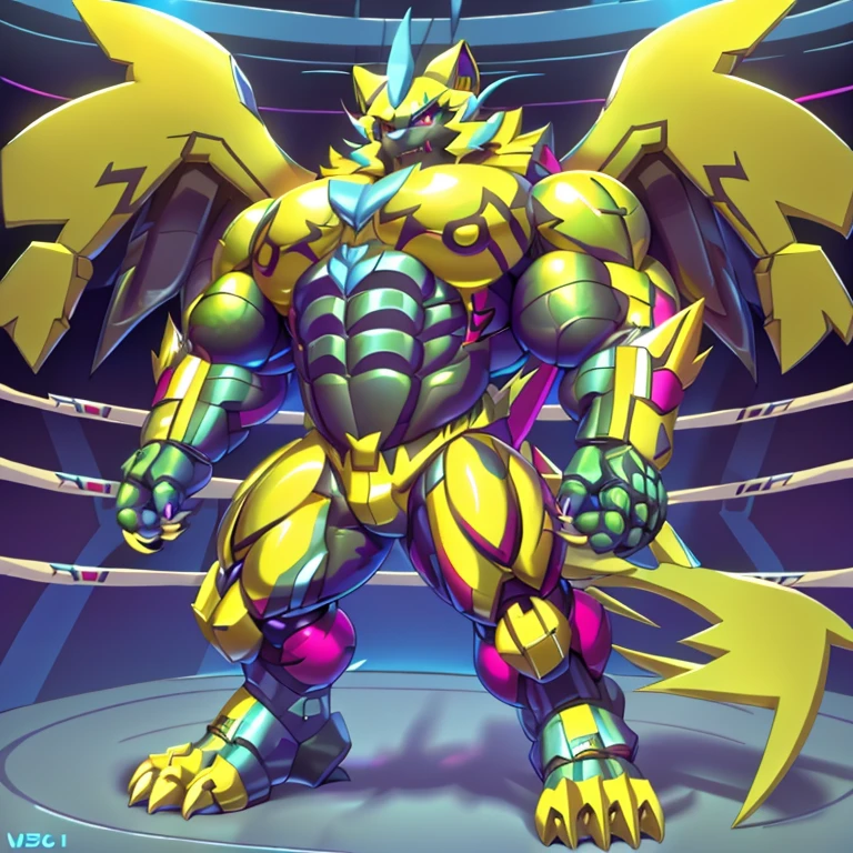 (ZERAORA, 8K), (Zeraora's giant robot, Powered exoskeleton with the same design as Zeraora), (Masterpiece, highres) (Detailed head, Detailed Body, Detailed abs, full body) (gigantic muscles, Gigachad Muscular, big muscle, pecs, triceps, traps, unusually developed muscular body, body full of huge muscles. showing off muscles, pectorales enormes, Exaggeratedly huge muscles.) (nj5furry, The claws are sharp, Sharp teeth, sharp claws), (long legs), (Spread wings, It has wings, have big wings, golden wings), (Wrestling, wrestler, the bodybuilding), (It has wings, whole body shines like metal, Wearing cyberpunk mecha, emphasizes the muscles, suit fully made of metal, intricate armor, Robotic suit, suit fully made of metal, cyborg),  menacing pose, 