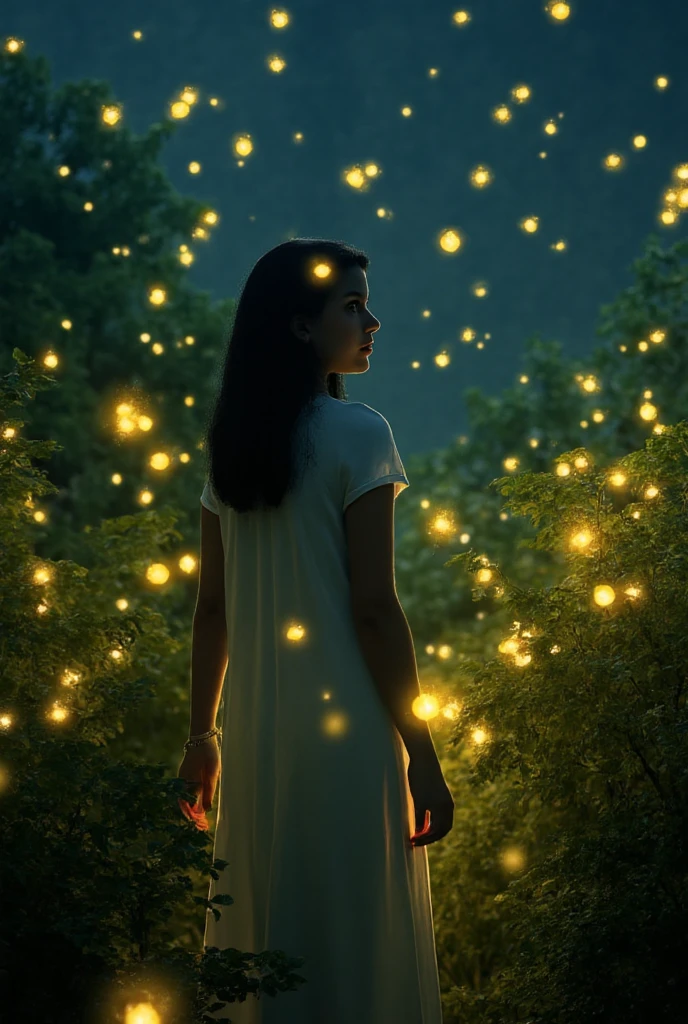 (8k, top quality, masterpiece: 1.2), (realistic, photorealistic: 1.37), super detail, one girl, wide angle of view, firefly garden, lots of small faint light and fireflies flying around, night