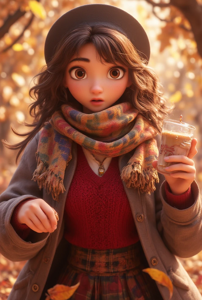 1girl, autumn leaves, bangs, black headwear, blurry background, blush, brown eyes, brown hair, brown scarf, brown skirt, cardigan, coffee, cowboy shot, cup, disposable cup, drink, falling leaves, beanie, holding, holding drink, leaf, long hair, long sleeves, looking at viewer, open cardigan, open mouth, plaid, plaid skirt, puffy long sleeves, red sweater, scarf, shirt, shirt tucked in, sidelocks, skirt, ile, solo, sweater, white shirt, extremely detailed, intricate, masterpiece, absurdres