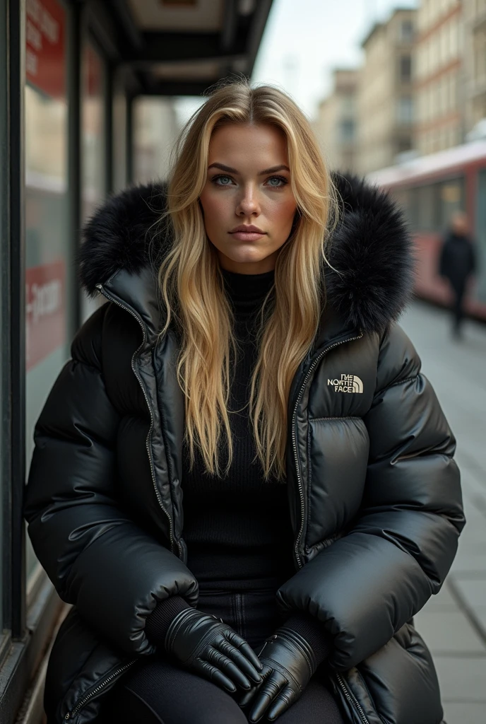 TrualityCampus_Melody, (blonde hair:1.3), (puffy down jacket:1.3), going for a walk on the pier, cold, harbor in the distance, sweater and warm pants
