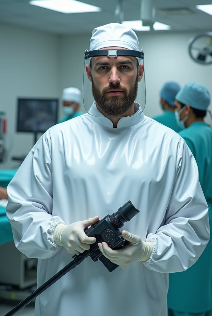 macabre doctor, with his back to the camera, operating room, sinister, macabre environment