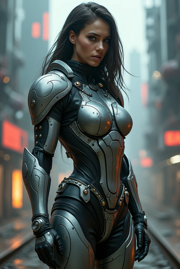 A realistic depiction of a beautiful and strong woman warrior, representing intelligence and strength, inspired by KMP Eletrônica Digital. She wears a stylized armor that combines technological and metallic elements, with details resembling electronic circuits. Her hair is dark, long, and elegant, with a modern touch. Her eyes are intense and convey determination, intelligence, and wisdom. She holds a futuristic tool or weapon that symbolizes innovation and power. The background shows a high-tech workshop or environment, reflecting the world of KMP Eletrônica Digital.