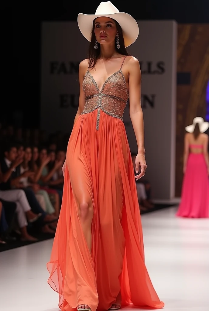 generate a women walking on a ramp for a fashion show