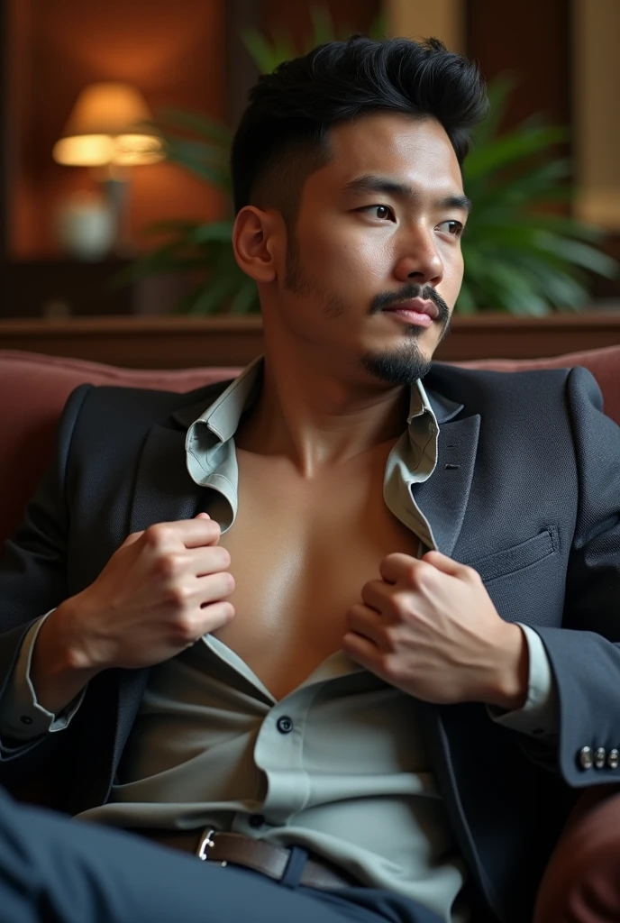 handsome Korean man with a goatee with strong blonde hair shirtless with a defined physique holding a glass of wine in black dress pants in a dining room at night, front view, k-idol, masterpiece