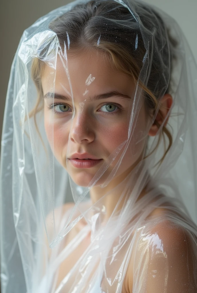 A girl covered in transparent plastic wrap