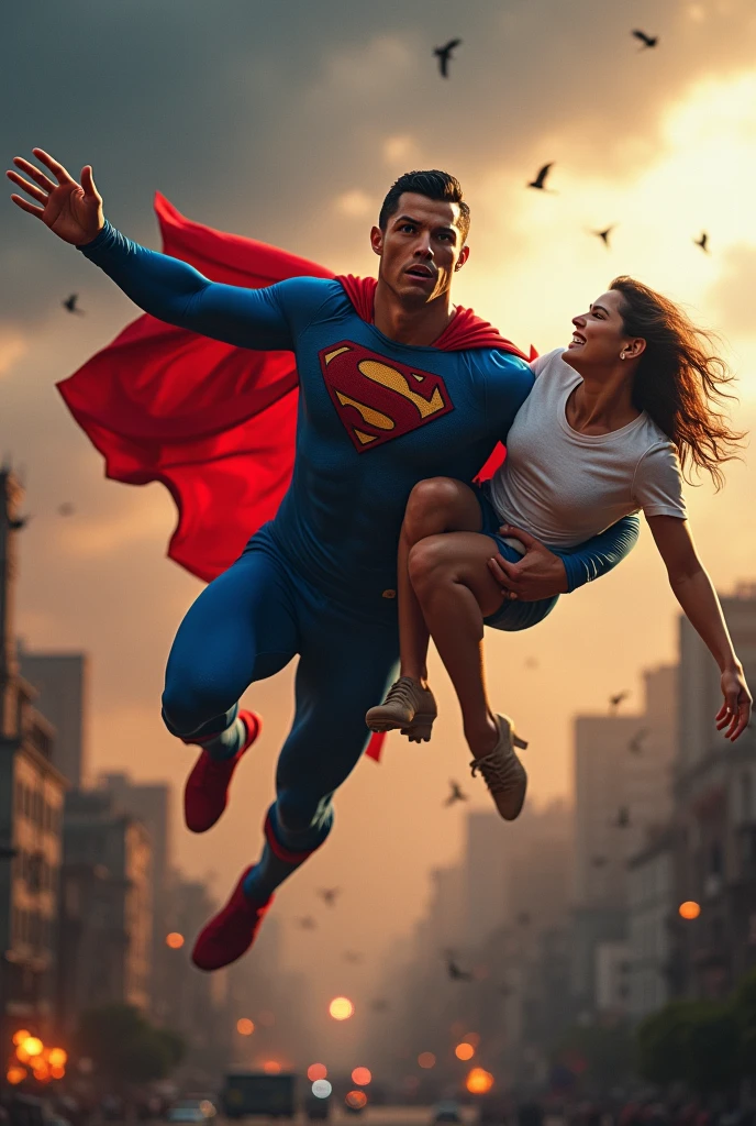 "Superman is soaring through the air, his iconic red cape flowing behind him as he gently cradles an Indian woman in his arms. The woman, dressed in a traditional Indian police uniform, looks surprised and amazed as she gazes up at him. They are descending towards the ground, with Superman’s determined expression showing his focus on the landing. The scene is set against the backdrop of a bustling city, with the woman’s hair slightly tousled by the wind, adding to the sense of motion and heroism."
