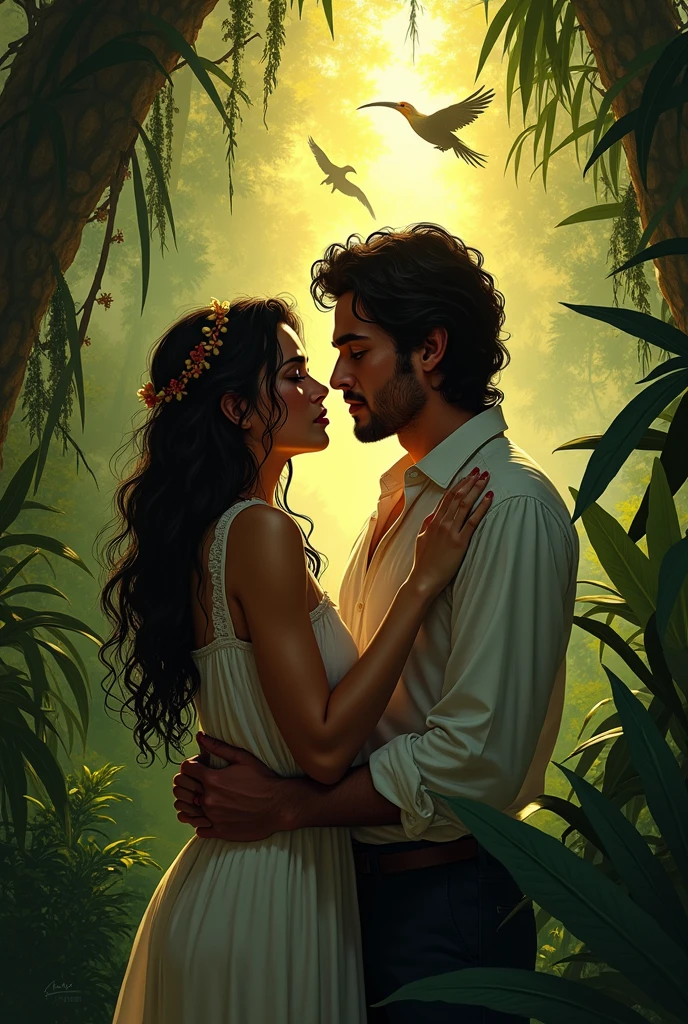 Create a realistic image of two love birds, one male and one female, perched on a single branch in a lush, green forest. The birds are tenderly kissing each other. It’s raining, and you can see raindrops falling and collecting on the leaves and flowers around them. The background should be dense foliage, creating a misty, serene atmosphere. Ensure the raindrops on the branch, leaves, and flowers glisten, enhancing the tranquil and intimate mood of the scene."