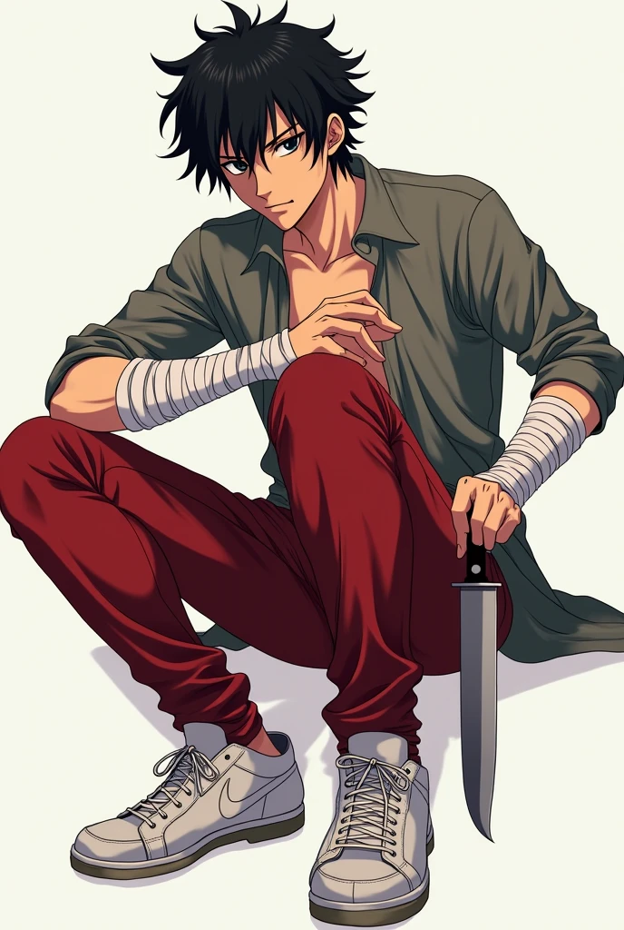 best quality, masterpiece, (realistic: 1.2), 1 man, Eren Jaeger, real life, live action, black jeans, black pants, brown hair, attack on Titan, slim body, high definition, high quality, long hair, gigachad, masculine, pain face, war, trenches, knife, bullet, soldier