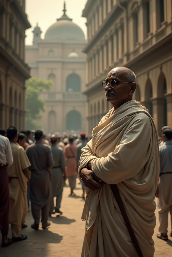 Mahatma gandi lughing ,poeples,morning,red fort,joker laugh, big goggles, wear dhoti,