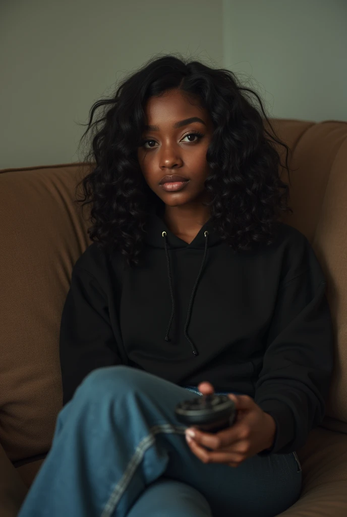 (instant photo:1.4) photo of a black African woman, age 25, with long curled black hair, wearing a cute red hoodie, golden accessories, seated on a suede blue couch, Full body shot, in a serene majestic Bauhasian room, god rays, Dutch Angle, shot on Hasselblad X1D II, (Kodak Vision3:1.1), Voigtländer Nokton 50mm f1.1, (in style of Alfred Stieglitz:1.4)