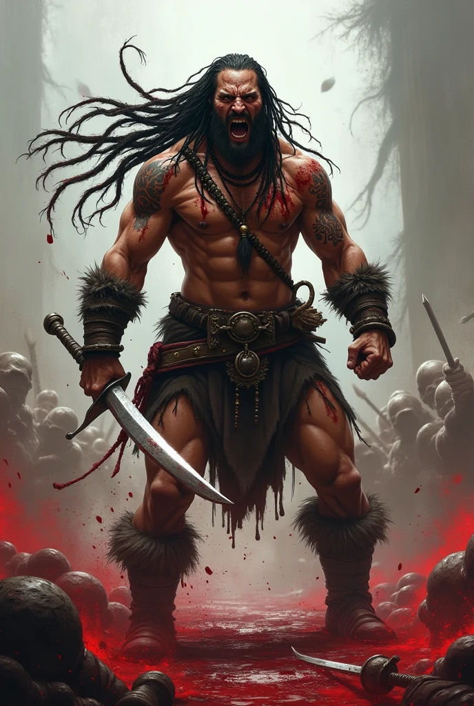 A villian with a strong body and muscles and like a demon with a weapon
