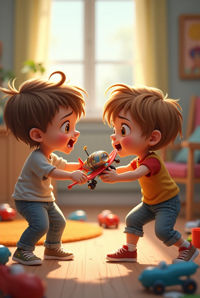 Brother and sister fighting over a toy