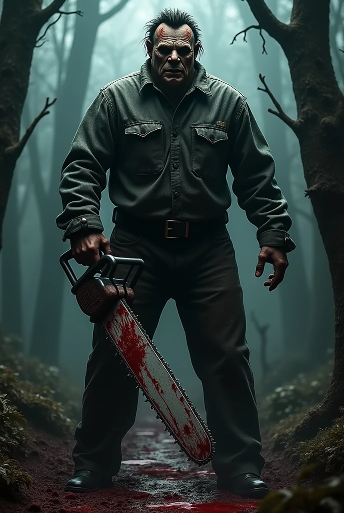 Leather face, holding a chainsaw. In a dark forest and blood on the ground 