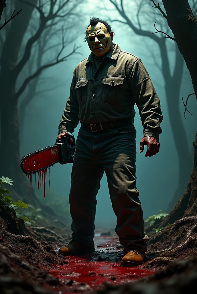 Leather face, holding a chainsaw. In a dark forest and blood on the ground. A realistic photo 