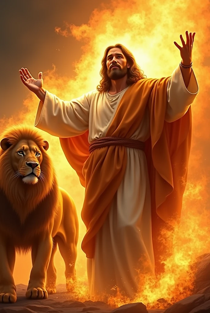 Jesus on the cross with a lion behind with eyes of Fire