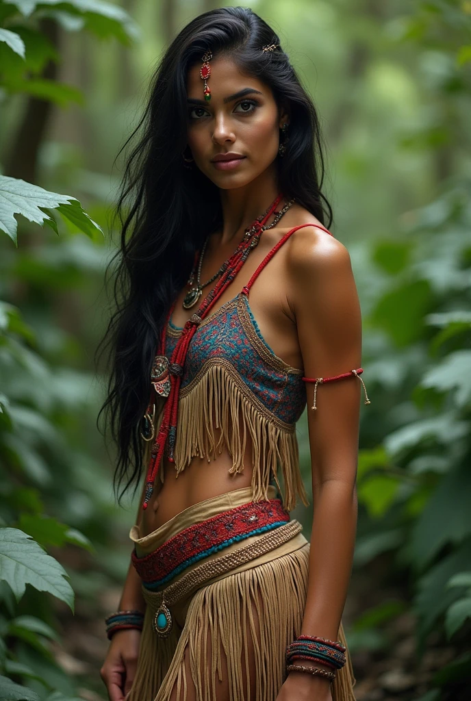 High resolution ultra detailed photography of a native American European multiracial 40 year old woman, woman has a tall body and long legs and a curvy figure, the woman's hairstyle is three long braids and the sides of the head are shaved bald, hair color is black and orange, clothing is a Maxi corset dress made of silk and lace fabric embroidered with many tribal symbols, model pose is dancing, standing frontally to the camera looking into the camera, photo background is a forest at night with glowing lights, big and lots of tribal tattoos, Model pose full body pose dancing frontally into the camera, looking directly into the camera