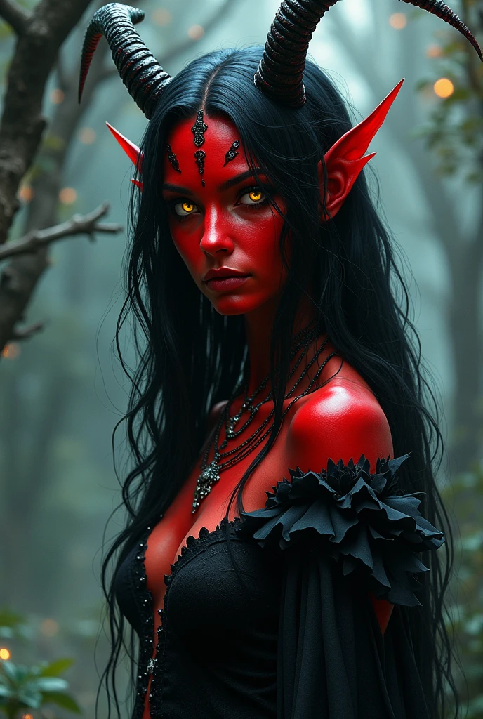 A woman with red skin,and face red Latin features, long black syraight hair with a streak of pure gold and long phosphorescent green almond eyes with black sclerotic in a realistic dark fantasy villain,knife scars on the face already healed, black lips and somewhat pointed ears