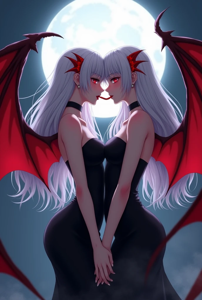 "2girl, ((Masterpiece)), [Slim], (Small breasts), Pale skin, ((Detailed eyes)), (Background blur), ganyudef white hair, Red eyes, villainous, Dark theme, [eyes liner], Evil". . Pantyhose. Sexy black lingerie. Embracing. Blushing, sweating. Exposed nipple. Finger in mouth. Riding on top. Kissing