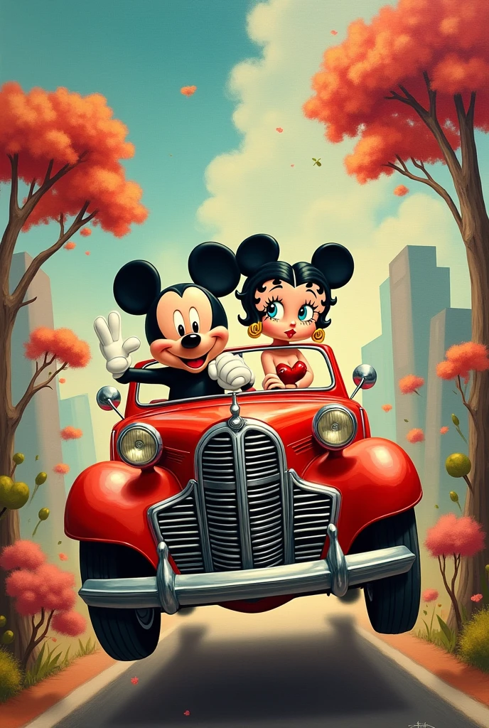 Create for me a piece of painting featuring Mickey and Betty Boop in a car in a Julien Durix style