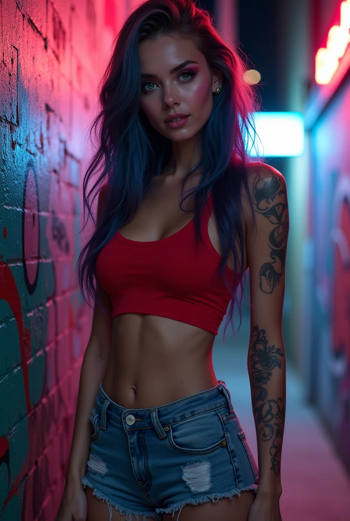(Masterpiece.uhd.photorealistic), Jinx from Arcane, tank top, tight ripped jeans, voluptuous curvy figure, perfect round cleavage. Full lips. Round Baby face. Huge natural breasts (100 dd size). intricately detailed background, Cinematic lighting, award-winning, extremely detailed skin, extra detailed face, high detail eyes, photo-realistic, Zeiss 85 mm F/1.4, by Ellen von Unwerth