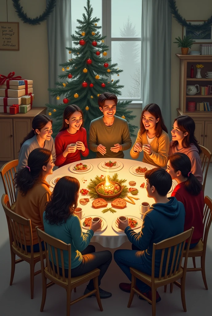 Imagine a warm and welcoming scene in a home decorated for Christmas. A festively set table is full of delicacies, surrounded by family members who gather with sincere smiles. Soft candlelight creates an intimate atmosphere, while the Christmas tree in the background sparkles with colorful lights and twinkling decorations.

The family shares moments of joy and gratitude around the table, coming together over a meal that is more than just feeding the body; is to nourish the spirit. The happy expressions reflect the shared love and deep connection that characterize Christmas celebrations.

Carefully considered details, like ornate napkins and sparkling glasses, add to the festive atmosphere. Excited children exchange excited glances while adults exchange stories and laughs. The scene is a testament to the beauty of family togetherness during the Christmas season.

This image conveys the essence of Christmas, highlighting the importance of family ties and shared celebration in an environment full of joy and love.