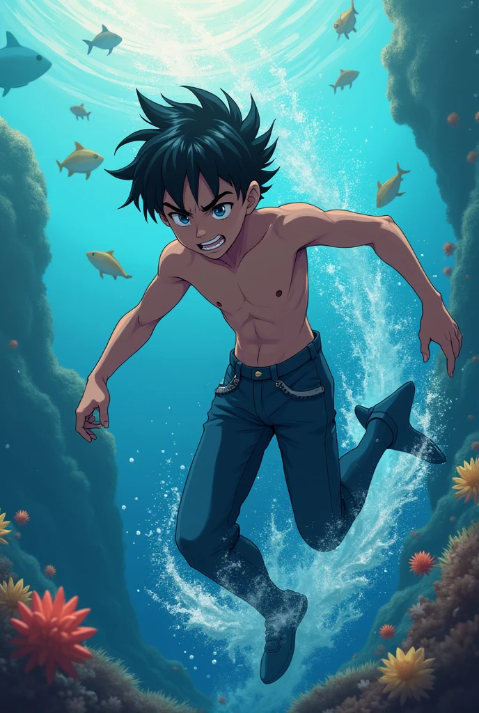 Kai is a lean, wiry teenager with tanned skin from long days spent under the sun. His hair is dark and unruly.A flashback to the darkest moment of the storm while sailing the boy nearly lost in the overwhelming waves."**cartoon anime