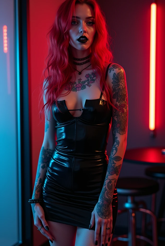 a sexy gothic woman with red hair, full red lips, detailed neo-traditional tattoos, wearing a very sexy black dress, full body shot, 50s style, in a retro bar with skull decor, highres, 8k, photorealistic, intricate details, dramatic lighting, moody atmosphere, vivid colors, dramatic poses