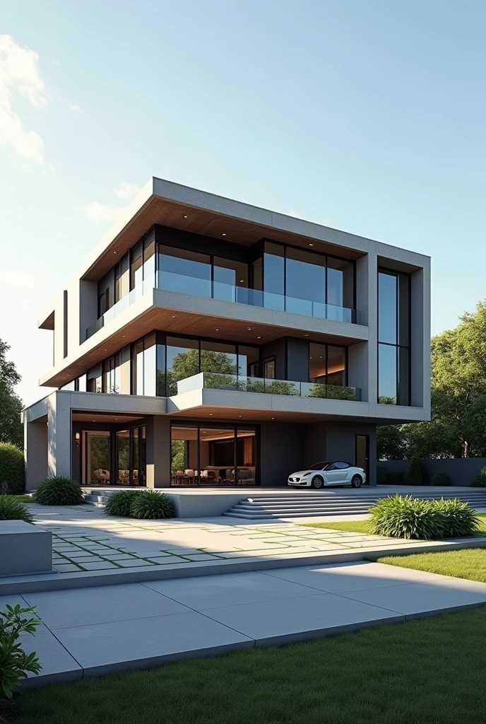 (masterpiece),(high quality), best quality, real,(realistic), super detailed, (full detail),(4k),8k, modern house exterior design, Modern architecture, whitewall, Sandstone GRAY, Beautiful_sky, SUNSET, no_humans, outdoors, sky, tree, Garden flower front of building,